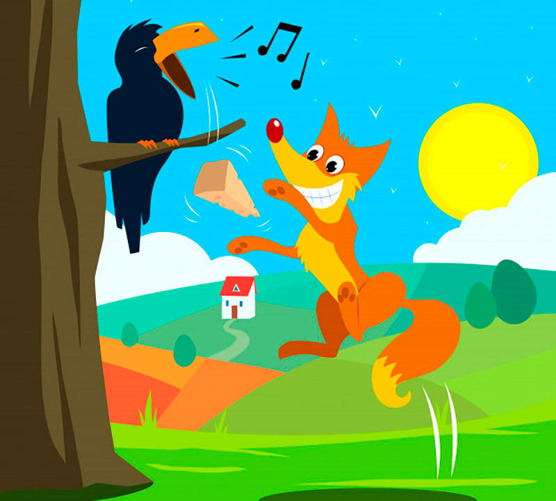 A raposa e o corvo, adaptação da fábula do Esopo