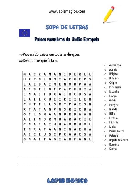 Sopa de letras com países membros da União Europeia, ficha pdf nº1