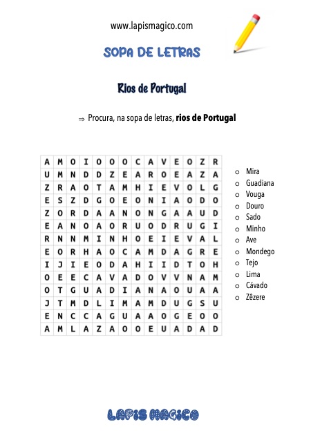 Sopa de letras com os rios de Portugal, ficha pdf nº1