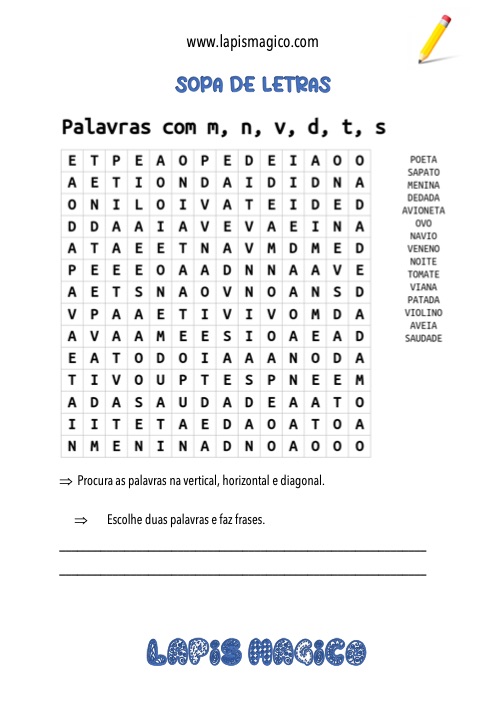 Sopa de letras com palavras começadas por M-N-S-T-V, ficha pdf nº1