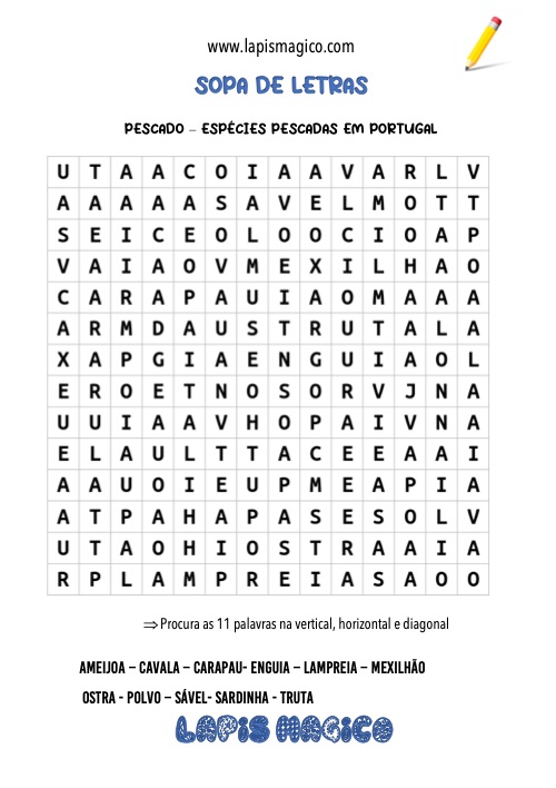 Sopa de letras com tipos de peixe, ficha pdf nº1