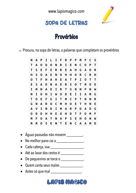 Sopa de letras com provérbios, ficha pdf nº1