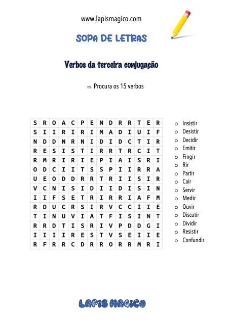 Sopa de letras com verbos, ficha pdf nº1